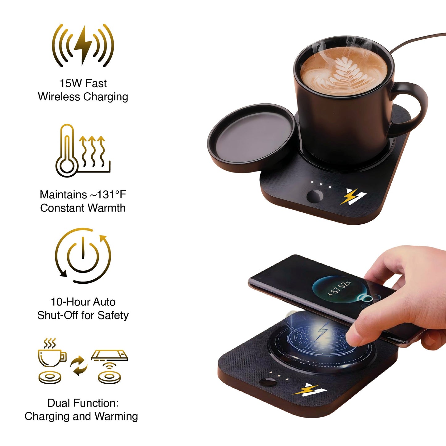 Sip & Charge 2-in-1 Wireless Charger & Mug Warmer – 15W Fast Charging + 131°F Warmth