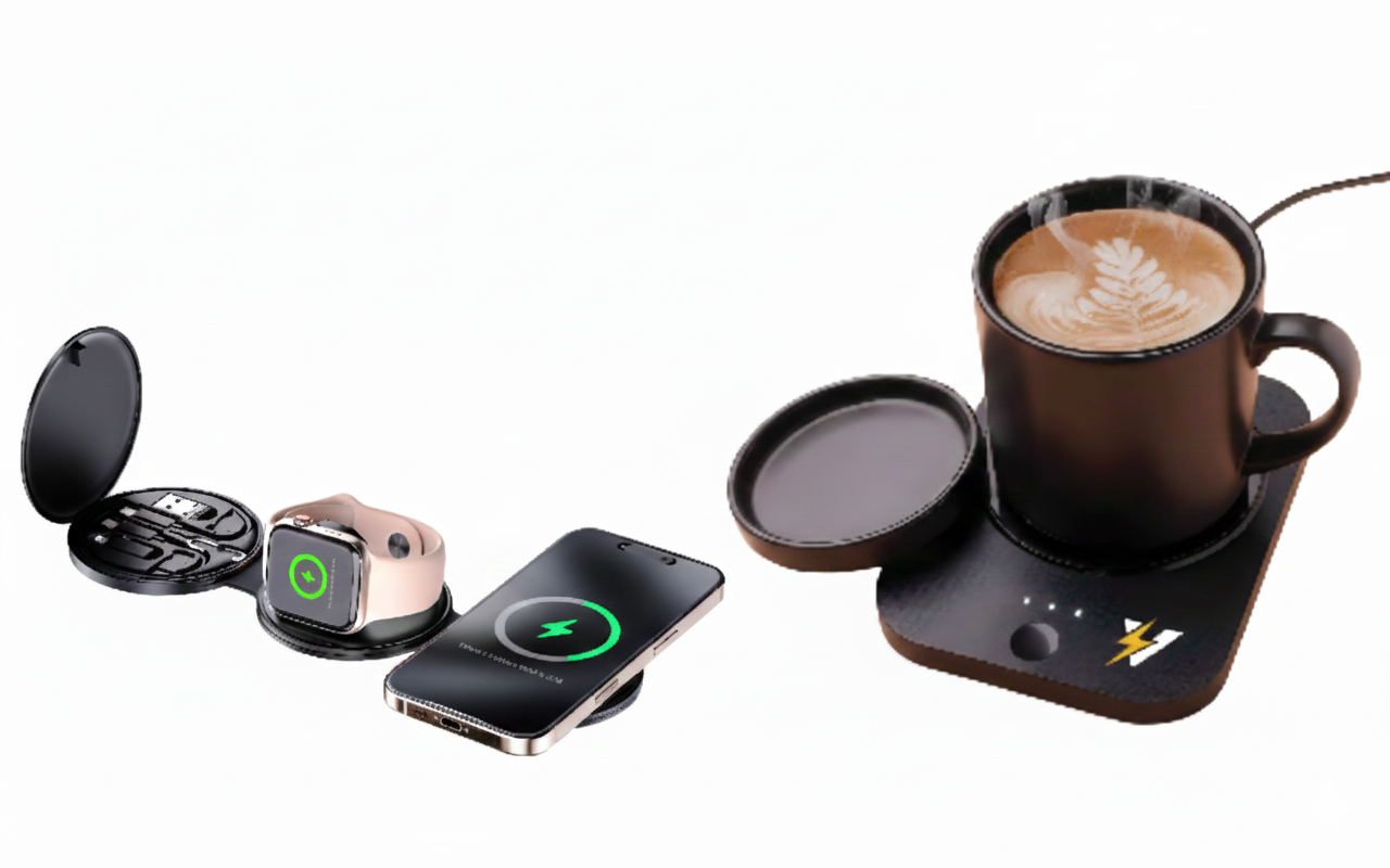 Complete Wireless Charging & Comfort Bundle – Sip & Charge Mug Warmer + 5-in-1 Folding Wireless Charging Station