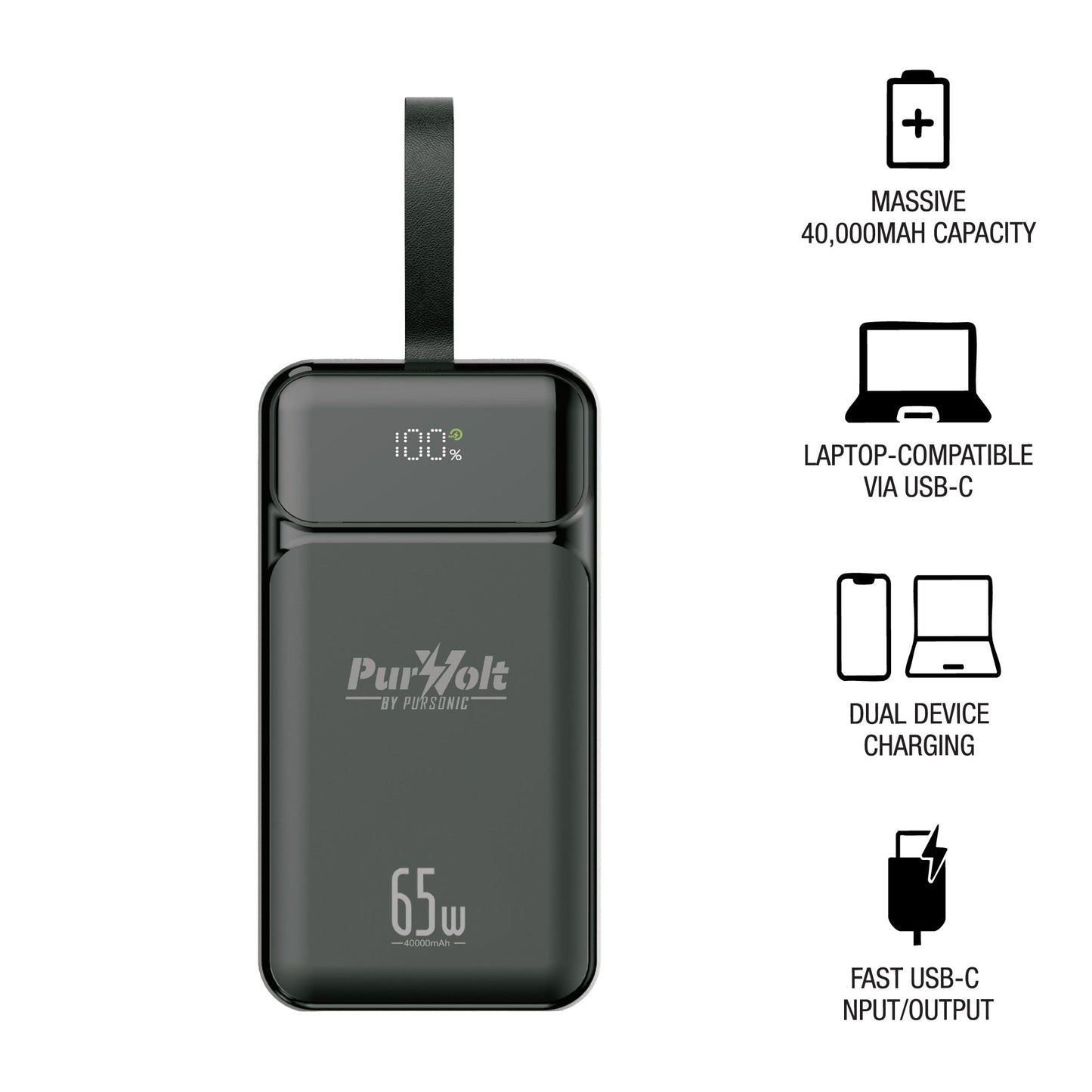 PurVolt 40,000mAh Power Bank | 65W USB-C, Laptop & Phone Charging, Dual Output, Travel Ready