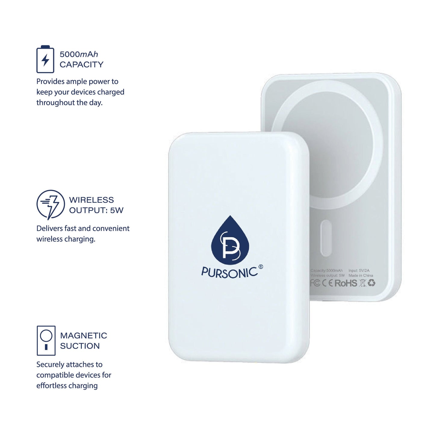 Pursonic Magnetic Wireless Power Bank – 5000mAh MagSafe Compatible Portable Charger