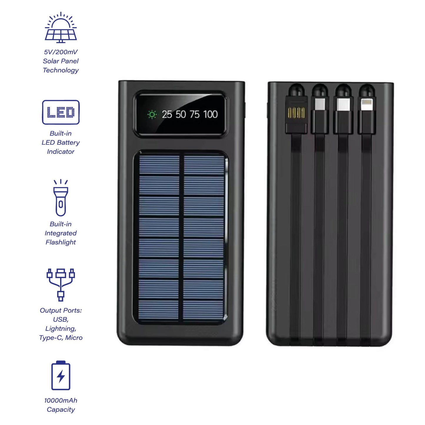 Pursonic LED Portable Solarsync Power Bank – Solar Charging, Built-In Flashlight & Multi-Port USB