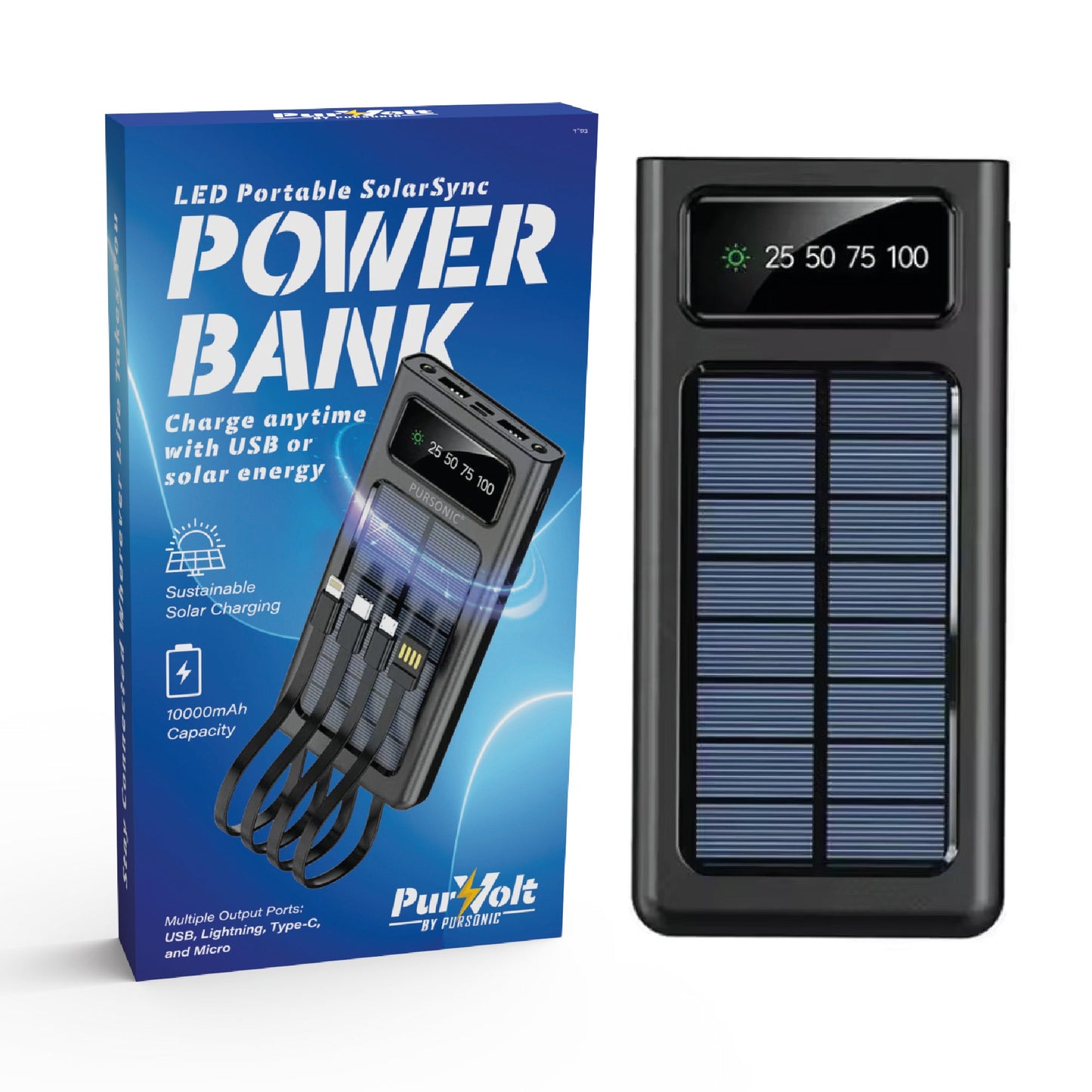Pursonic LED Portable Solarsync Power Bank – Solar Charging, Built-In Flashlight & Multi-Port USB