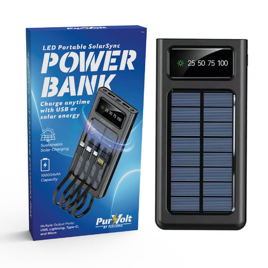 Pursonic LED Portable Solarsync Power Bank – Solar Charging, Built-In Flashlight & Multi-Port USB