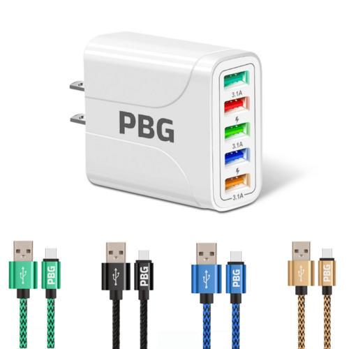 PBG 5-Port LED Wall Charger – Bundle with 4 XL 10ft Nylon iPhone Cables
