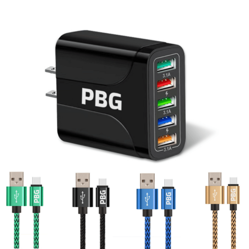 PBG 5-Port LED Wall Charger – Bundle with 4 XL 10ft Nylon iPhone Cables