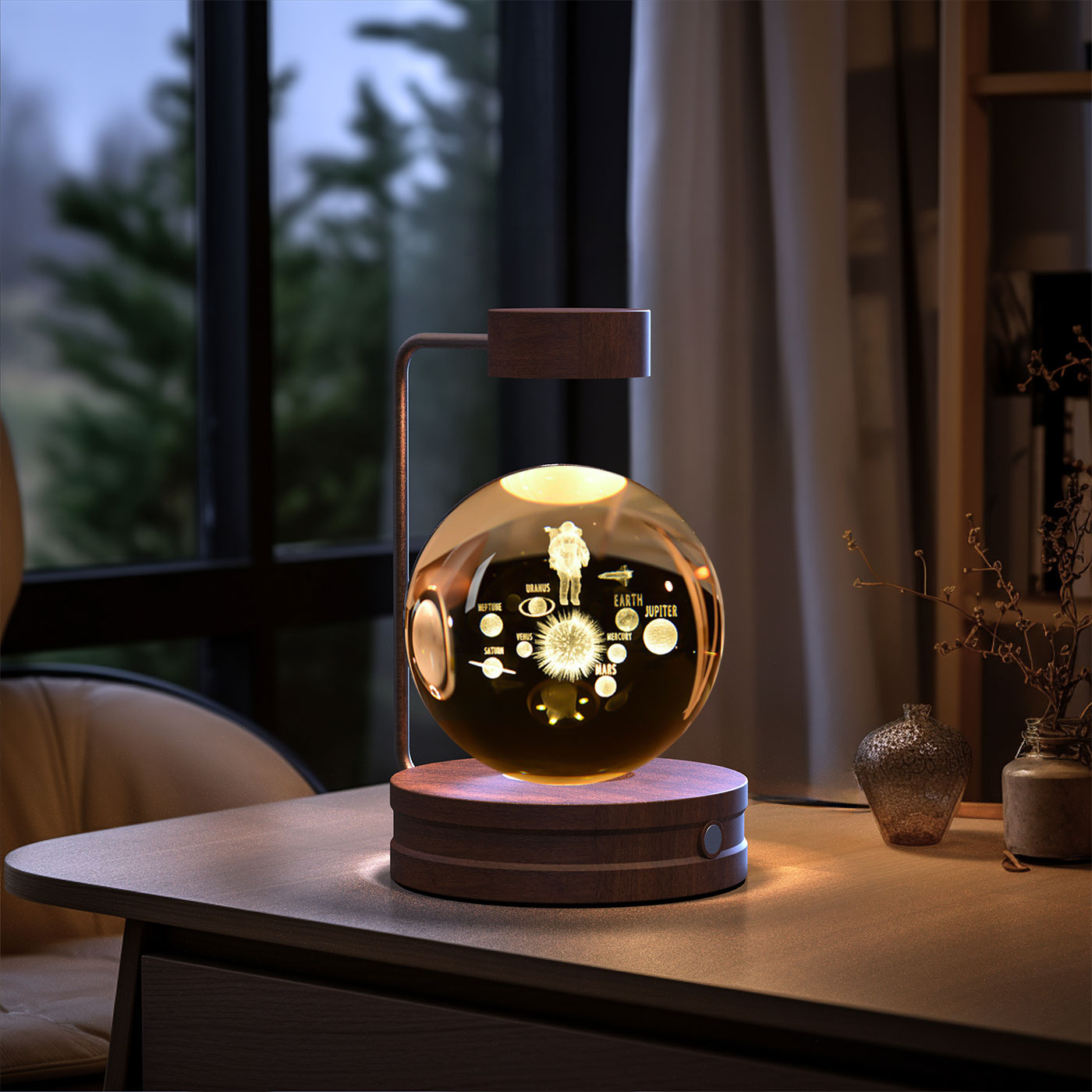 3D Crystal Glass LED Night Light | Touch Switch | USB Rechargeable | Walnut Wood Base | 27 Designs | Dark & Light Wood | Bedroom, Gift & Home Decor