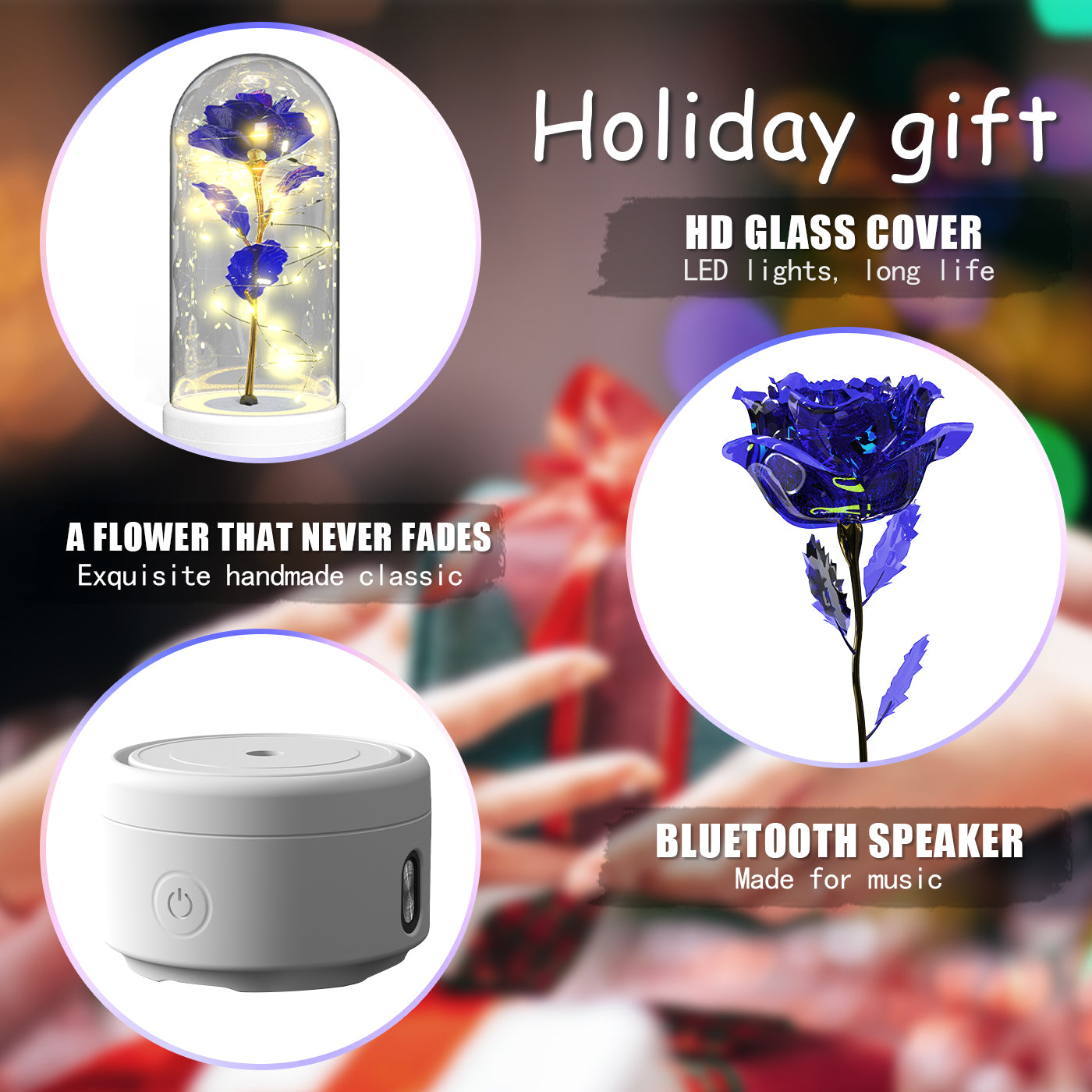 2-in-1 Eternal Rose LED Light & Bluetooth Speaker | Glass Dome | Handmade Preserved Flower | Copper Wire LED | HD Sound | Black & White Base | 5 Flower Colours | Valentine's & Gift