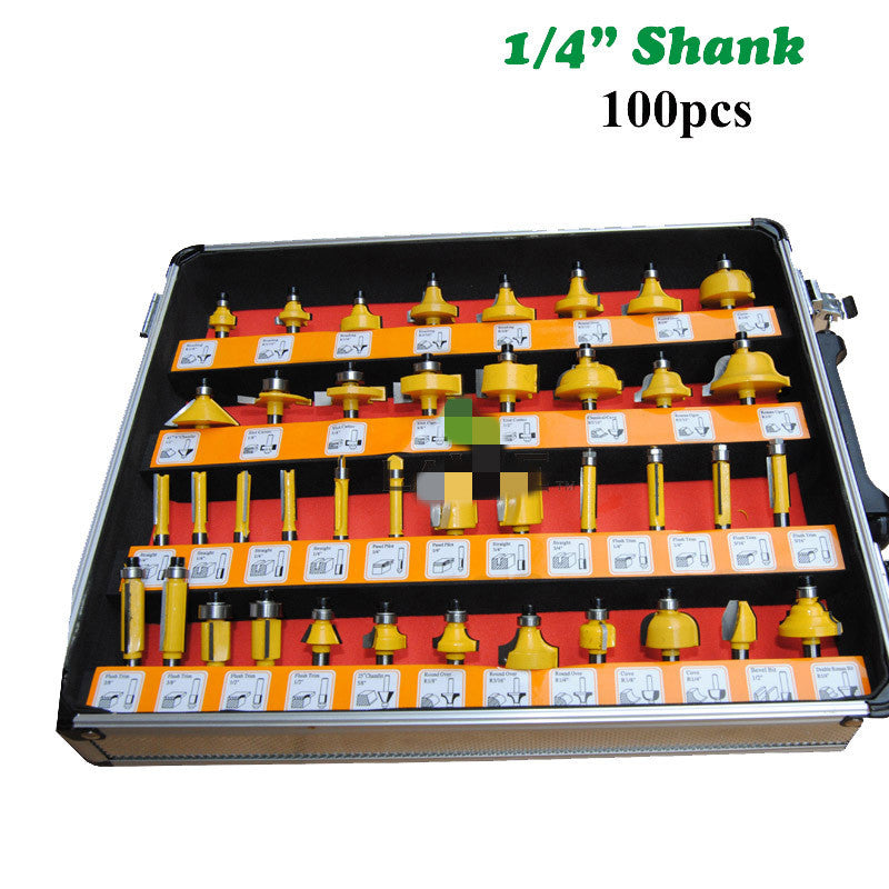 100-Piece 1/4" Shank Carbide Router Bit Set | Coated Woodworking Milling Cutters, Aluminum Storage Box