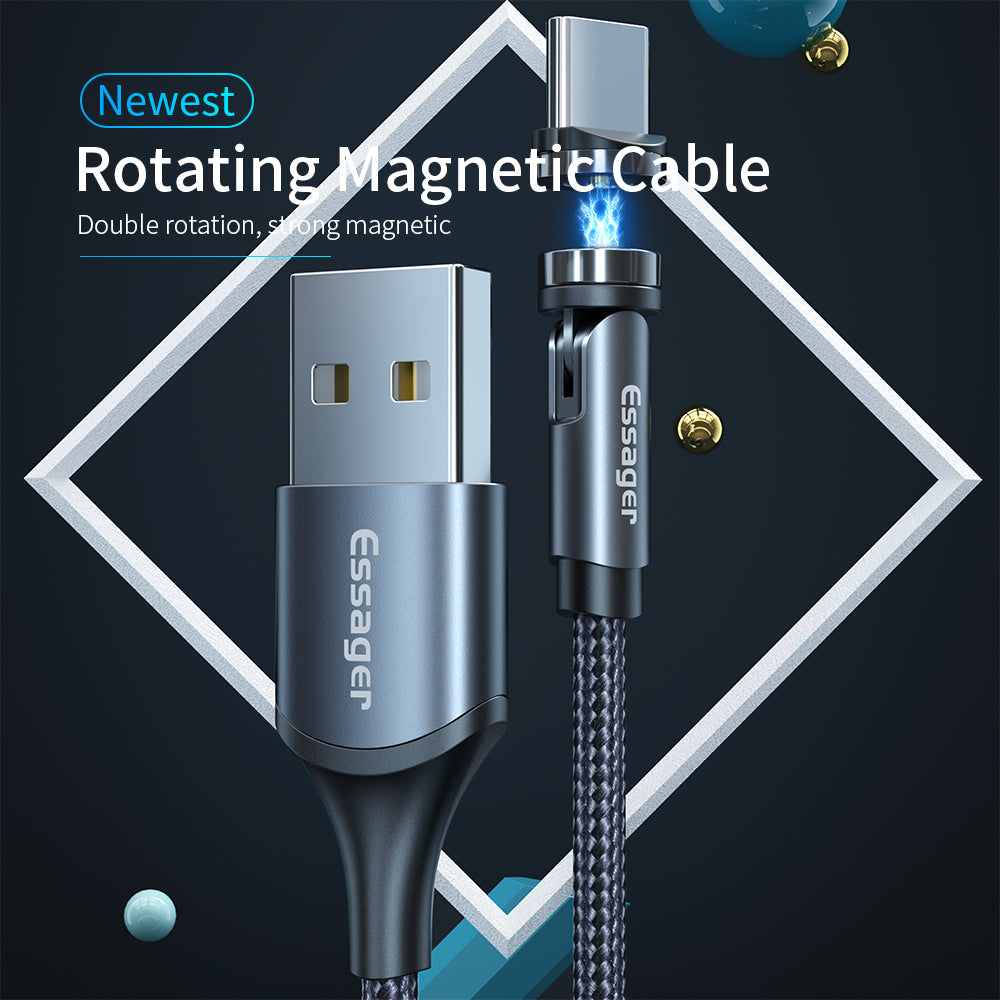 Essager 540° Rotating Magnetic Charging Cable | 5V/2.4A Fast Charge | LED Indicator | Nylon Braided | USB-C, Lightning & Micro USB | 1m & 2m | Black, Purple & Red