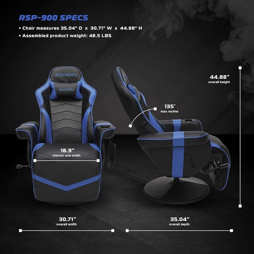 Gaming Recliner Chair with Cupholder, Footrest & Swivel Base – Blue