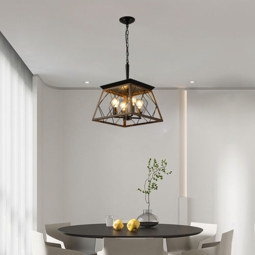 Farmhouse Vintage Antique Iron 4-Light Chandelier | Walnut & Black, Adjustable Chain, E26, 15.7" x 15.7", No Bulb