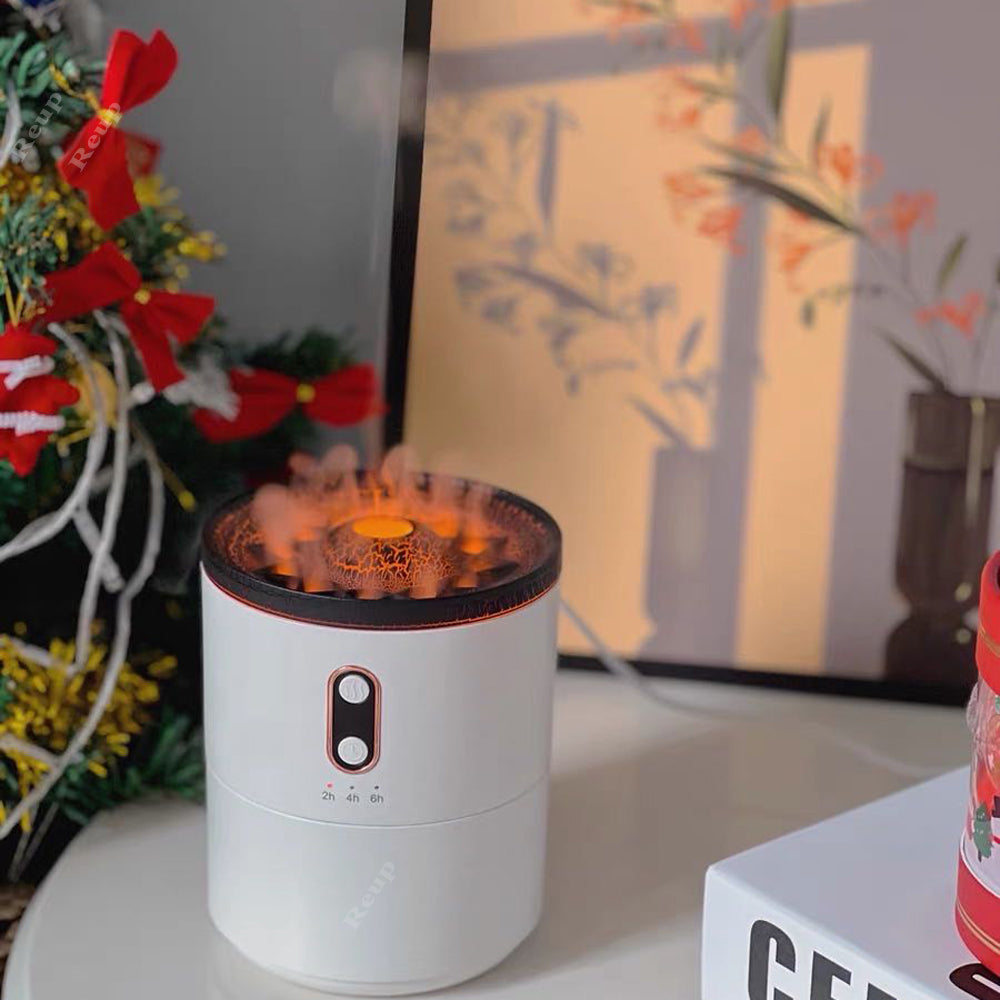 Volcanic Flame Aromatherapy Humidifier & Essential Oil Diffuser | USB | Dual Mist | 2–8hr Timer | Night Light | White