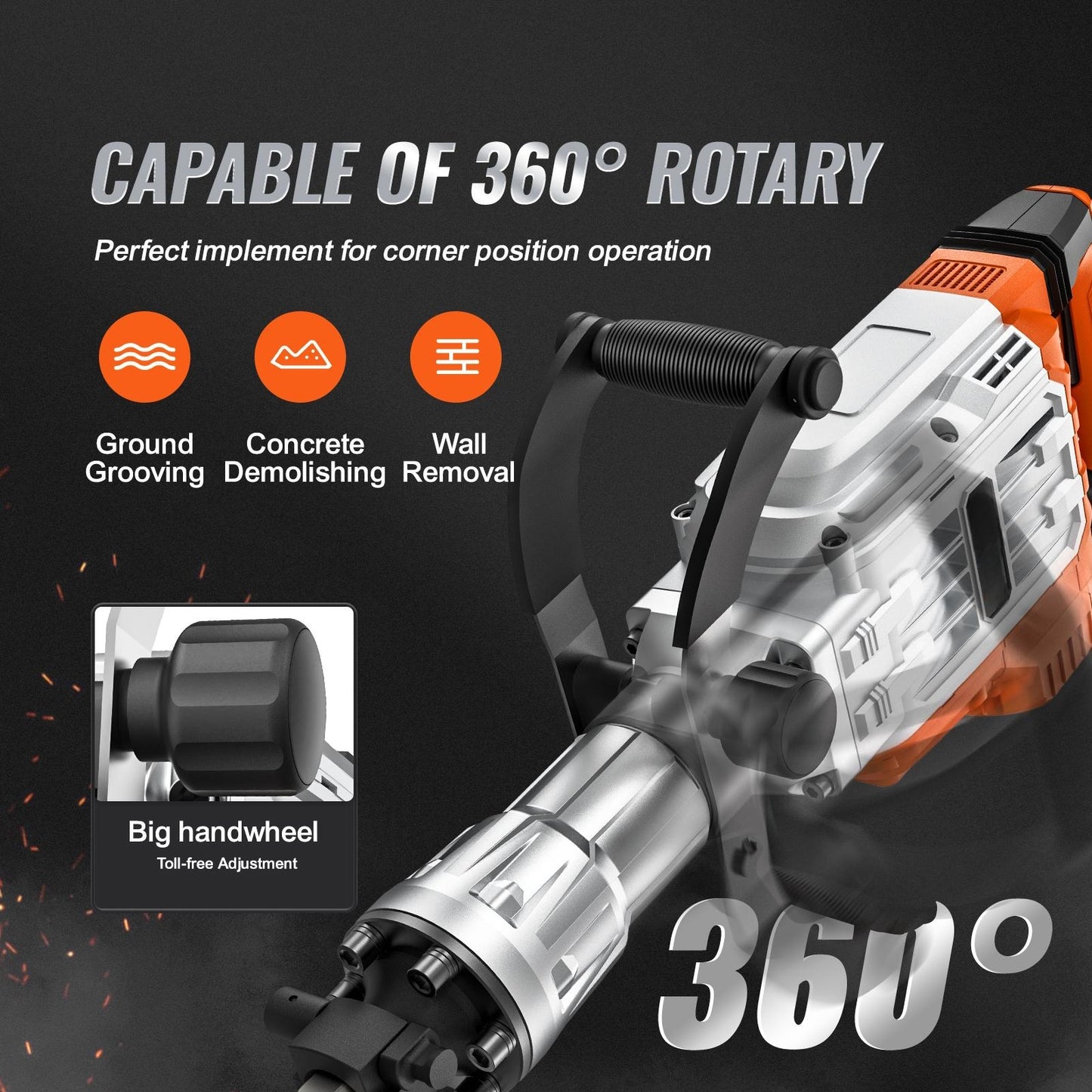 VEVOR 3500W Electric Demolition Jack Hammer | Concrete Breaker, 2 Chisel Bits, Heavy Duty