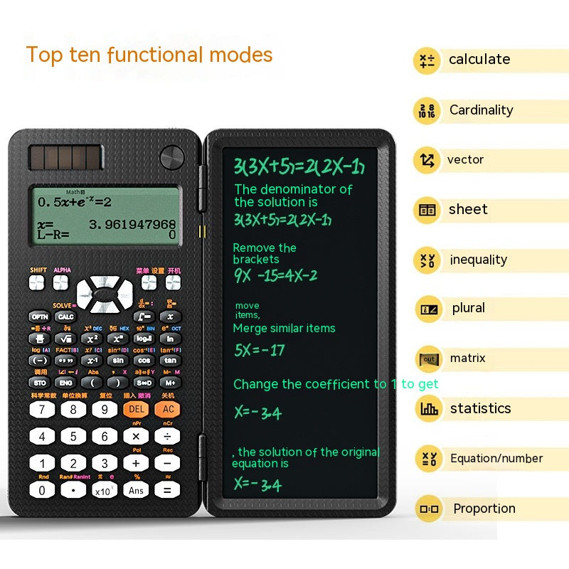 2-in-1 Foldable Scientific Calculator & LCD Writing Tablet | Reusable Notepad | Eye-Care Screen | MS349, ES417 & CNX498 | English & Chinese