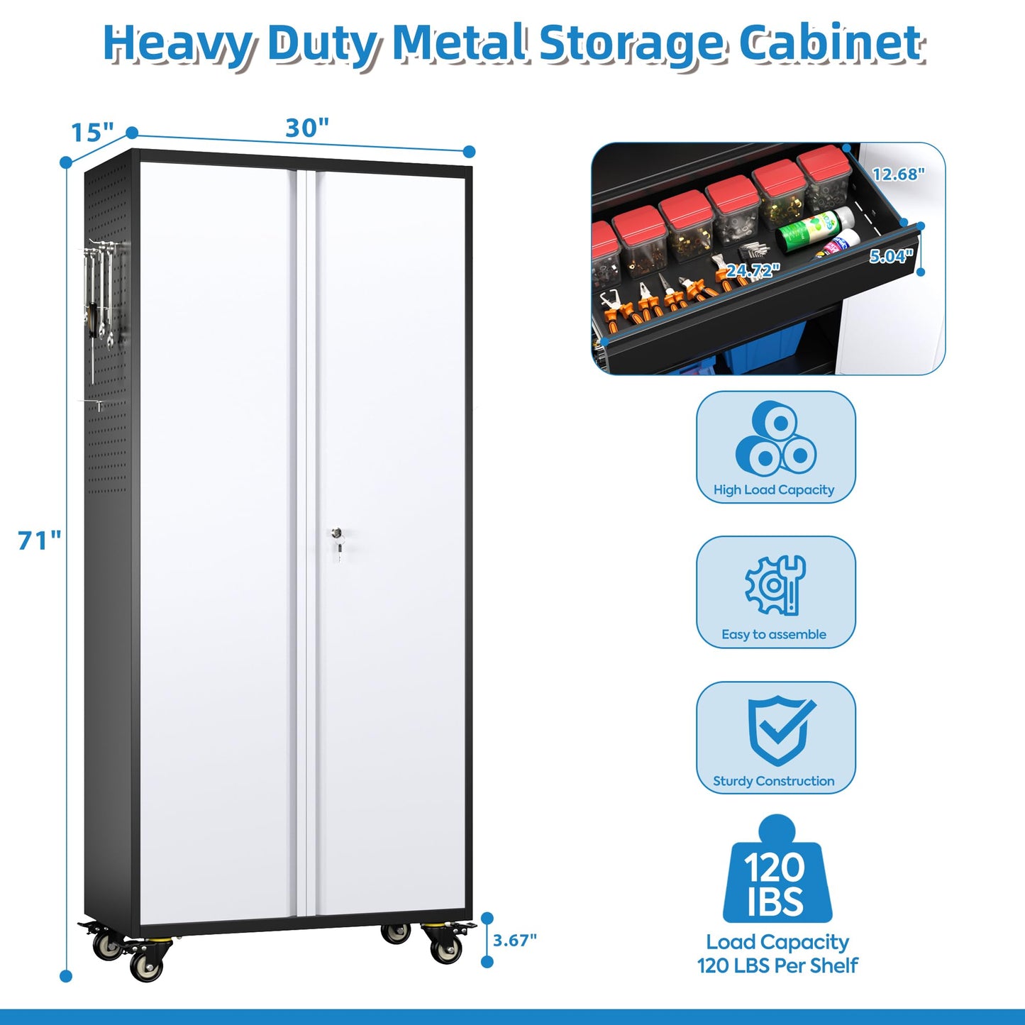 METHANE 71" Lockable Steel Tool Cabinet on Wheels | 5 Pegboards, 1 Drawer, 2 Shelves, Garage & Warehouse