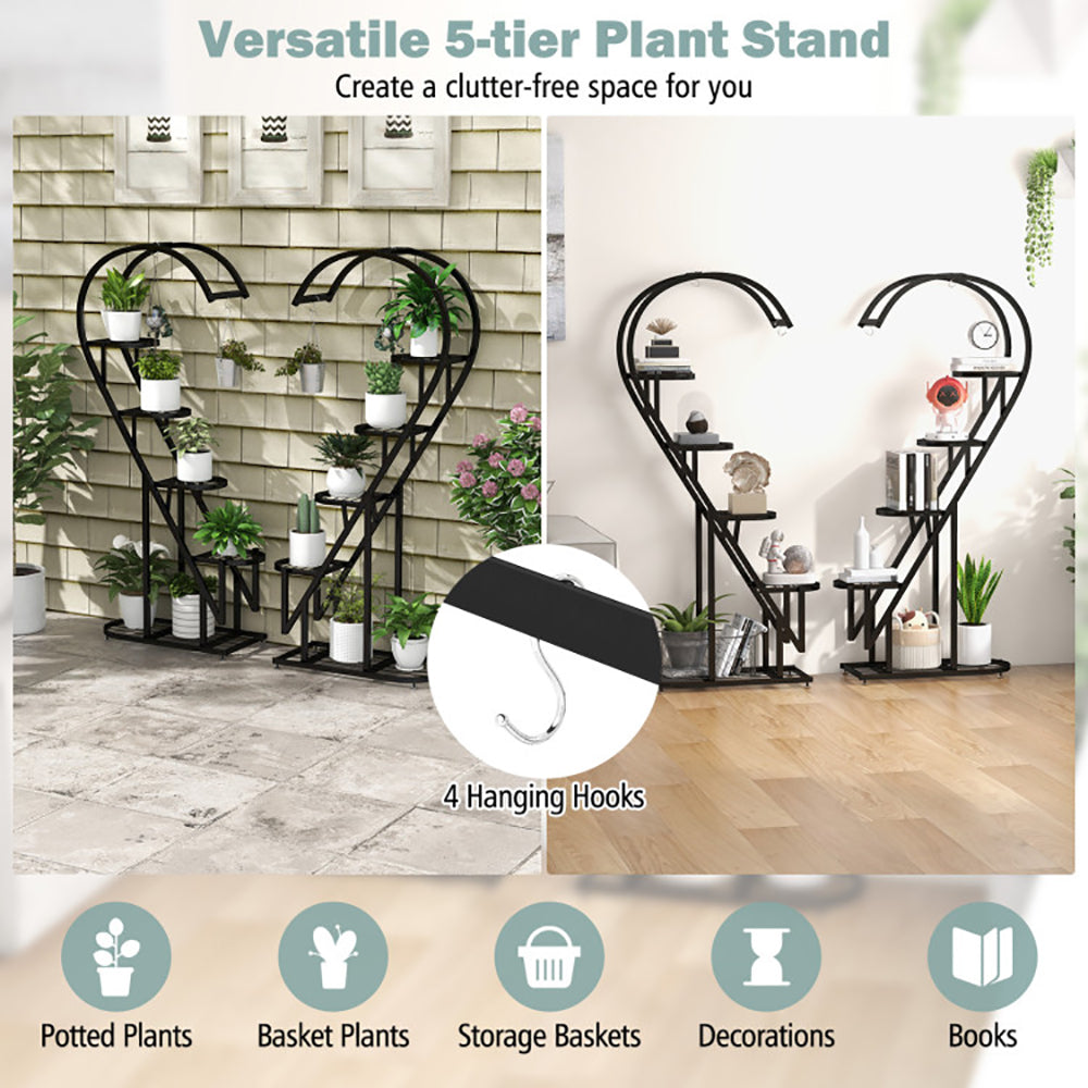 5-Tier Metal Plant Stand with Hanging Hooks | 2-Pack, 58" Tall, Indoor & Outdoor Flower Rack