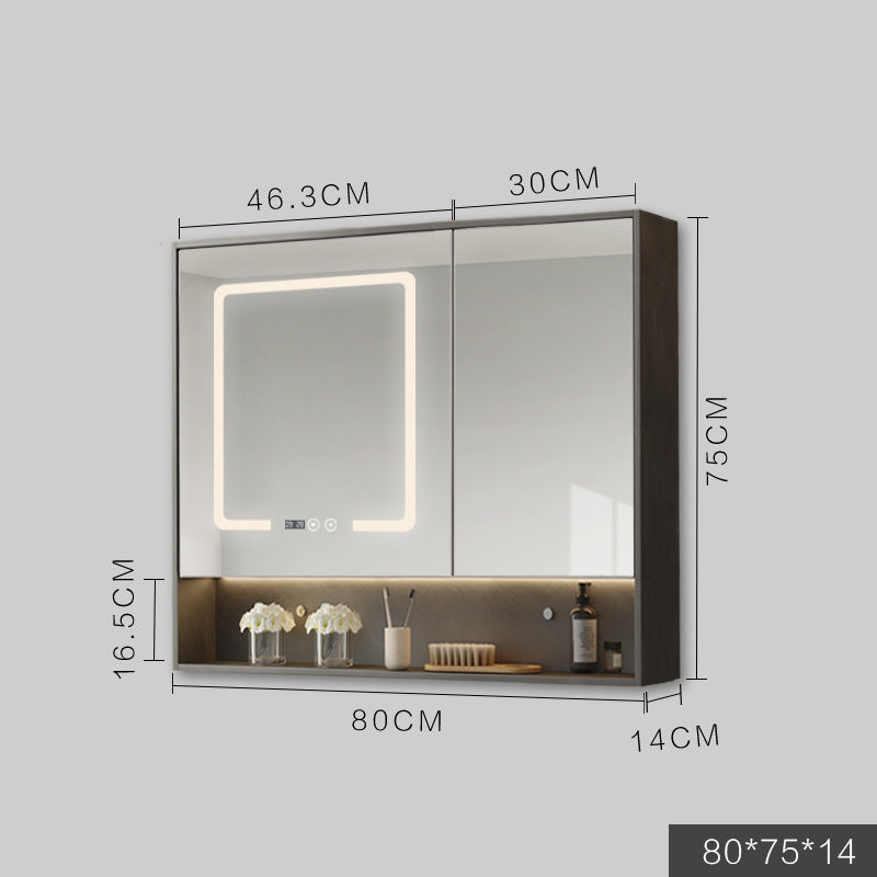 Solid Wood Wall-Hung Bathroom Mirror Cabinet | LED Light, Anti-Fog, Built-in Storage, 9 Sizes, Grey & Wood