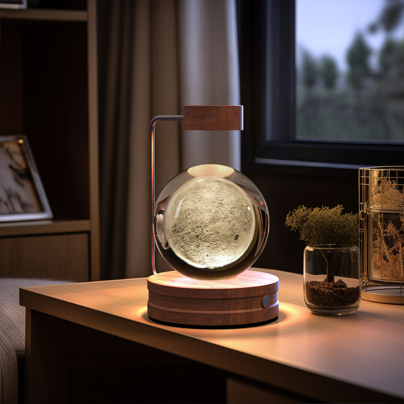 3D Crystal Glass LED Night Light | Touch Switch | USB Rechargeable | Walnut Wood Base | 27 Designs | Dark & Light Wood | Bedroom, Gift & Home Decor