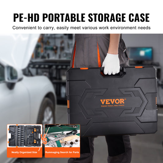 VEVOR 205-Piece Mechanics Tool Set | 1/4" 3/8" 1/2" Drive, SAE & Metric Sockets, Wrenches & Storage Case