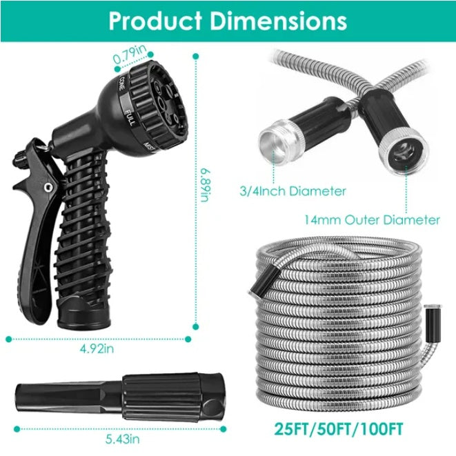 Heavy Duty Stainless Steel Garden Water Hose | Flexible, Kink-Free, Durable, Outdoor Watering