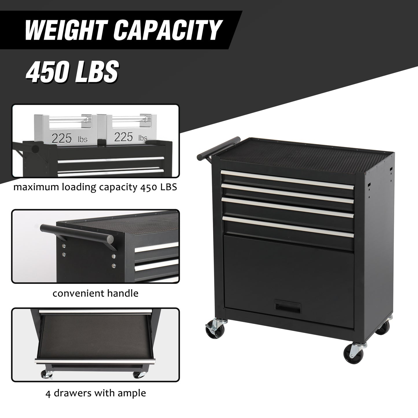 4-Drawer Rolling Tool Cart | Cold-Rolled Steel, 4 Casters, Ball-Bearing Drawers, Garage & Workshop, Black