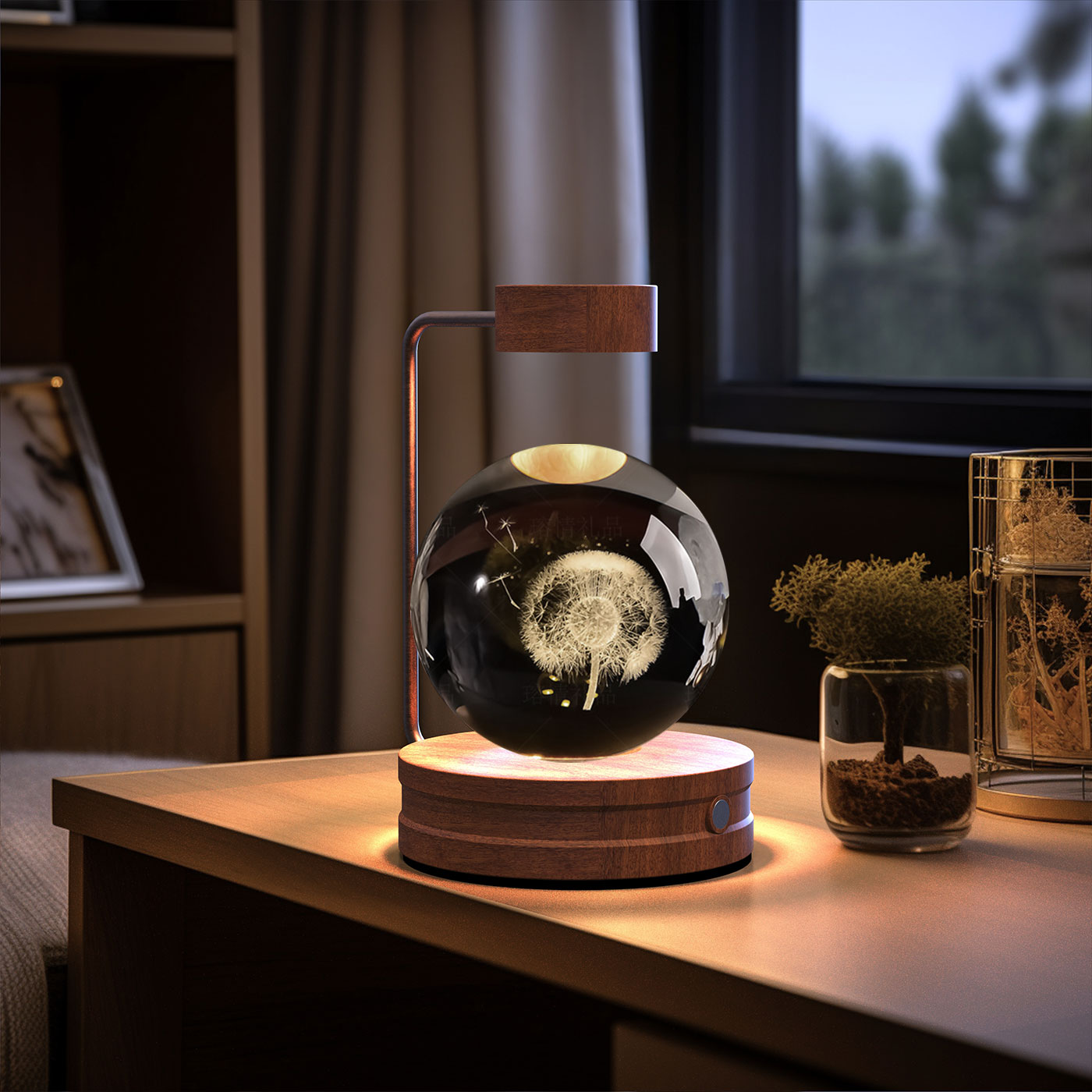 3D Crystal Glass LED Night Light | Touch Switch | USB Rechargeable | Walnut Wood Base | 27 Designs | Dark & Light Wood | Bedroom, Gift & Home Decor