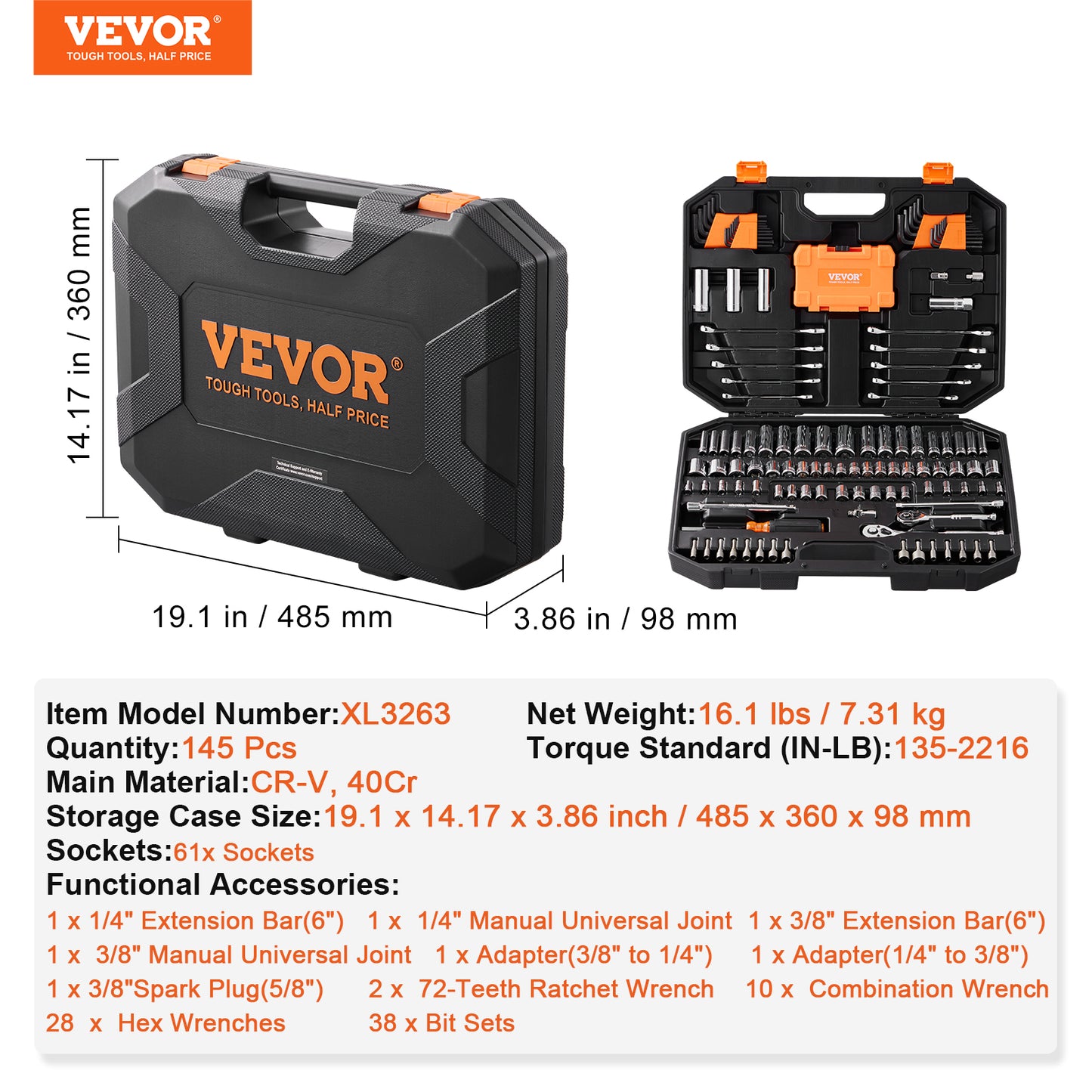 VEVOR 145-Piece Mechanics Tool Set | 1/4" & 3/8" Drive SAE & Metric Sockets, Wrenches & Storage Case
