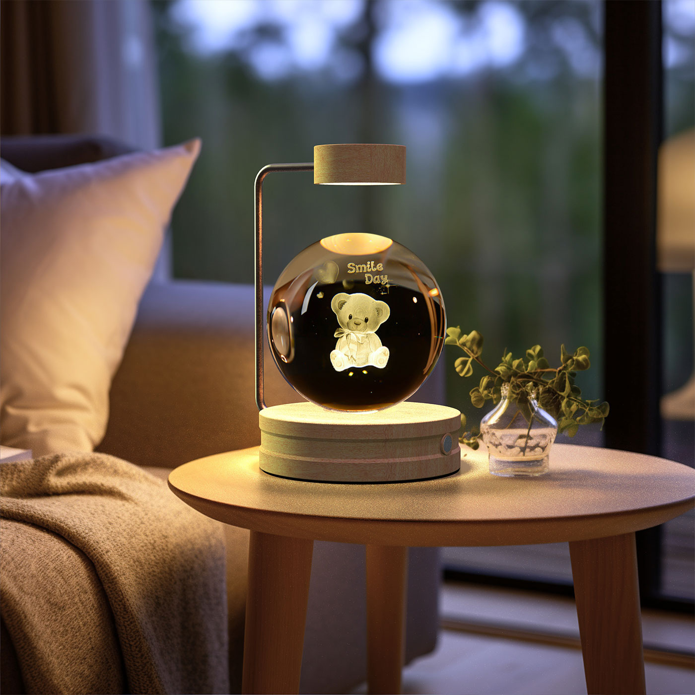 3D Crystal Glass LED Night Light | Touch Switch | USB Rechargeable | Walnut Wood Base | 27 Designs | Dark & Light Wood | Bedroom, Gift & Home Decor