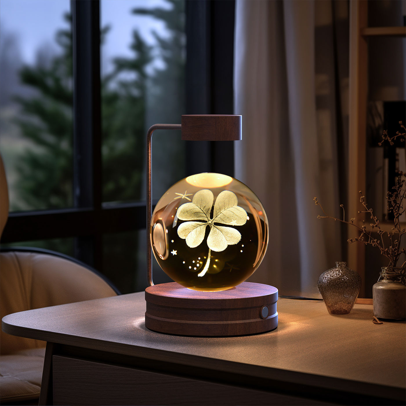 3D Crystal Glass LED Night Light | Touch Switch | USB Rechargeable | Walnut Wood Base | 27 Designs | Dark & Light Wood | Bedroom, Gift & Home Decor