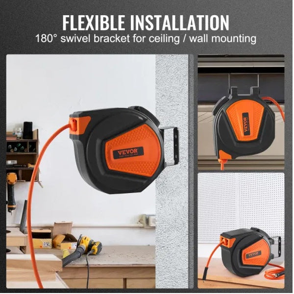 VEVOR Retractable Air Hose Reel | 3/8" x 50ft, 300 PSI, Auto-Rewind, 180° Swivel Mount, Workshop & Garage