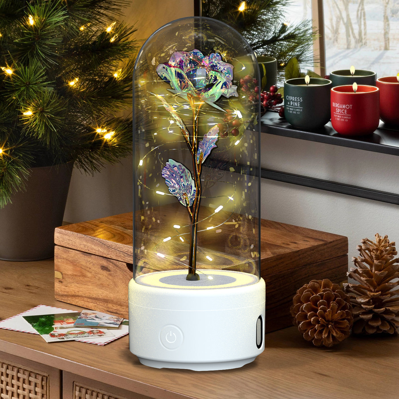 2-in-1 Eternal Rose LED Light & Bluetooth Speaker | Glass Dome | Handmade Preserved Flower | Copper Wire LED | HD Sound | Black & White Base | 5 Flower Colours | Valentine's & Gift