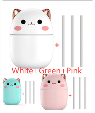 Cute Cat Mini USB Humidifier & Aroma Diffuser | Ultra-Silent | Cool Mist | LED | Electroplated ABS | Green, Pink & White
