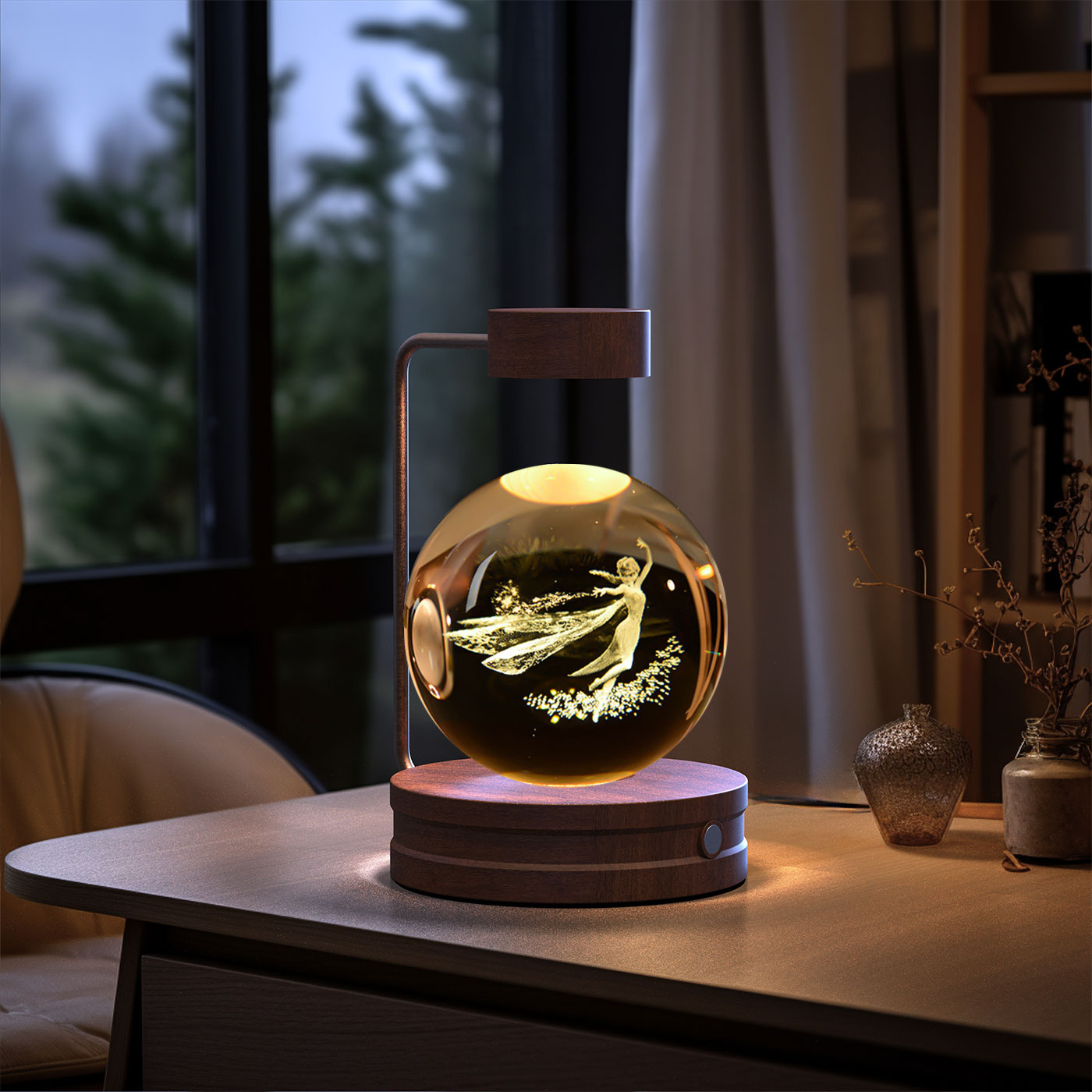 3D Crystal Glass LED Night Light | Touch Switch | USB Rechargeable | Walnut Wood Base | 27 Designs | Dark & Light Wood | Bedroom, Gift & Home Decor