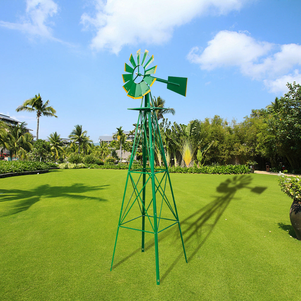 8ft Decorative Garden Windmill | 22" Wind Wheel, Ball Bearing, Weather-Resistant Steel, Green