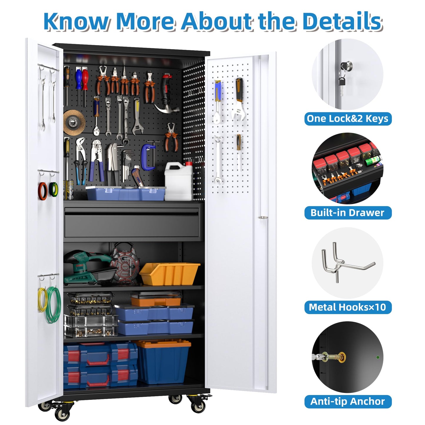 METHANE 71" Lockable Steel Tool Cabinet on Wheels | 5 Pegboards, 1 Drawer, 2 Shelves, Garage & Warehouse