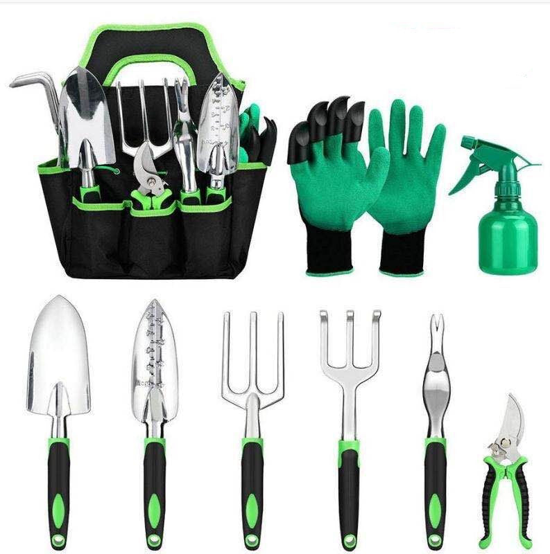 9-Piece Aluminium Alloy Gardening Tool Set | Silicone Two-Colour Handles | 1439g | Gardening, Horticulture & Seedling Cultivation | Green
