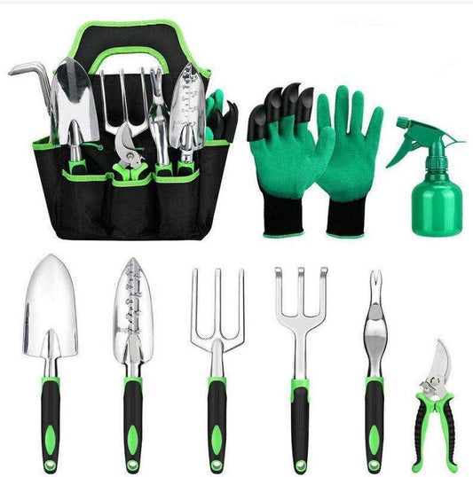 9-Piece Aluminium Alloy Gardening Tool Set | Silicone Two-Colour Handles | 1439g | Gardening, Horticulture & Seedling Cultivation | Green