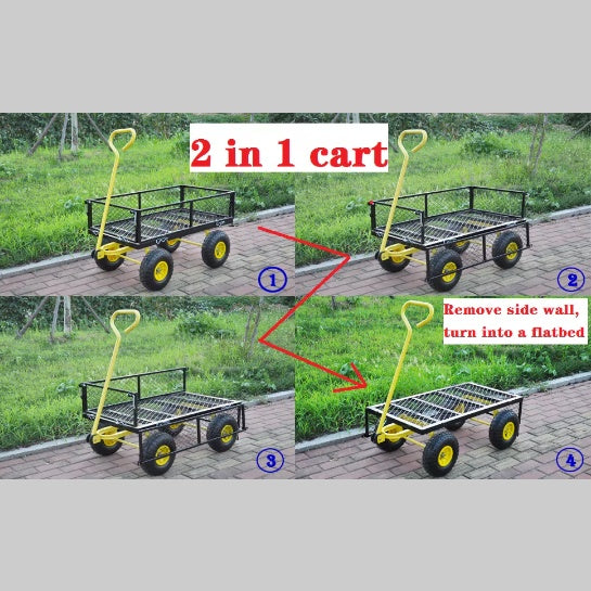 660 lbs Heavy Duty Steel Garden Wagon Cart | 10" Air Tires, 180° Swivel Handle, Removable Sides, Black