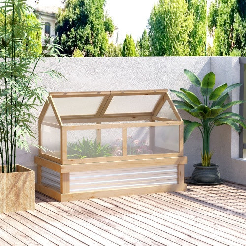 Outsunny 48"x24"x32" Raised Garden Bed with Cold Frame Greenhouse | Polycarbonate, Solid Fir Wood, Natural