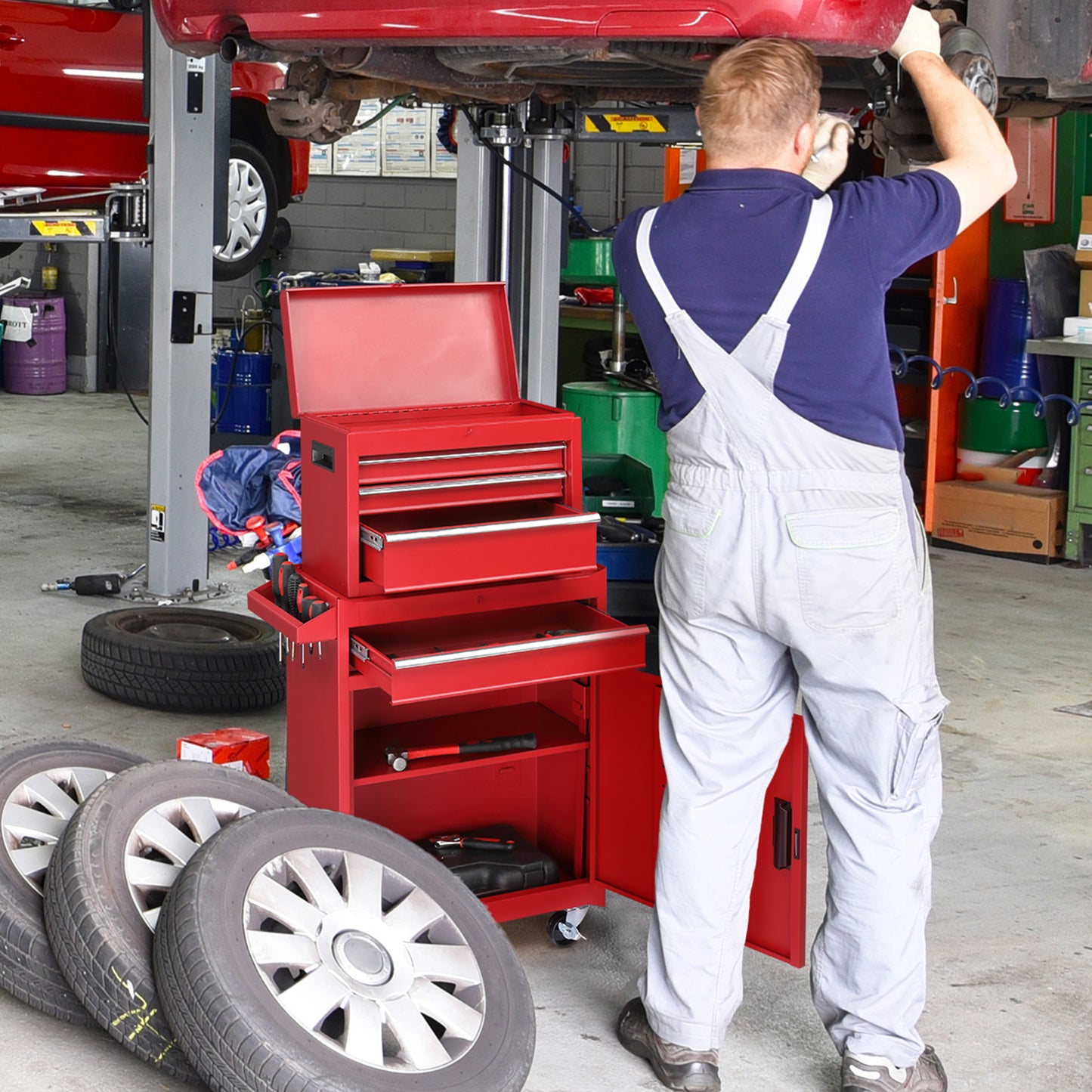 4-Drawer Lockable Steel Tool Cart & Cabinet Combo | 330 lbs, Rolling, 102cm Combined Height, Red
