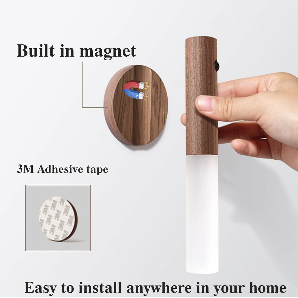 PIR Motion Sensor LED Night Light | Magnetic Wood Base | USB Rechargeable | 4m Detection | Warm White | Ash & Walnut