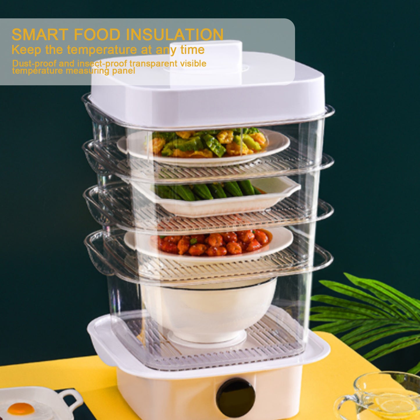 Multi-Layer Stackable Insulated Dish Cover | Temperature Display | Transparent Plastic | 5 Sizes | Green & White | Kitchen Food Cover | Dining Table & Leftover Storage