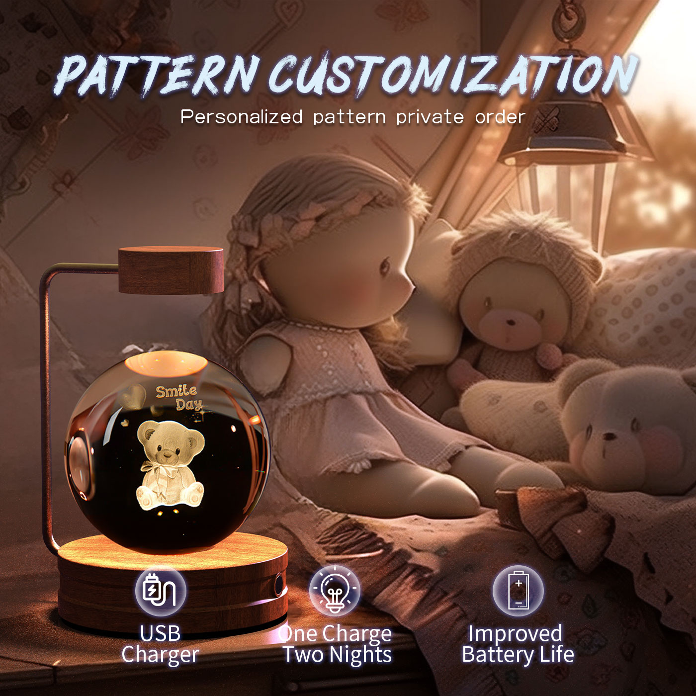 3D Crystal Glass LED Night Light | Touch Switch | USB Rechargeable | Walnut Wood Base | 27 Designs | Dark & Light Wood | Bedroom, Gift & Home Decor