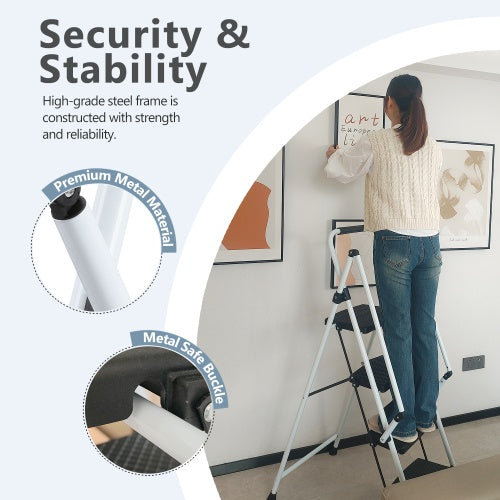 4-Step Folding Steel Ladder Stool | Anti-Slip Wide Pedals, Safety Handle, Multi-Purpose, White