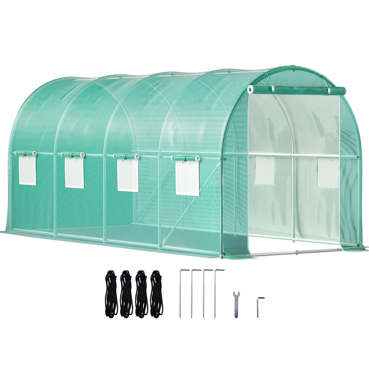 VEVOR 15×7×7ft Walk-in Tunnel Greenhouse | Galvanized Steel Hoops, 8 Roll-Up Windows, Zippered Door, Green