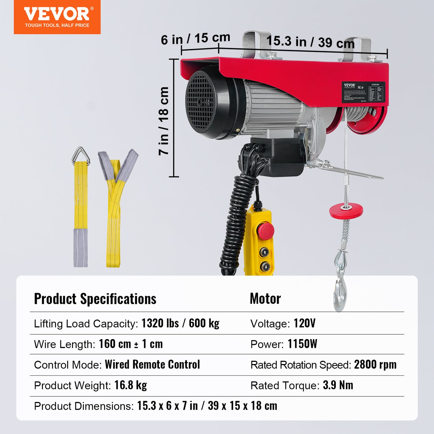 VEVOR 1320 lbs Electric Hoist | 1150W, 110V, 40ft Lift, 14ft Remote, Pure Copper Motor, Garage & Warehouse