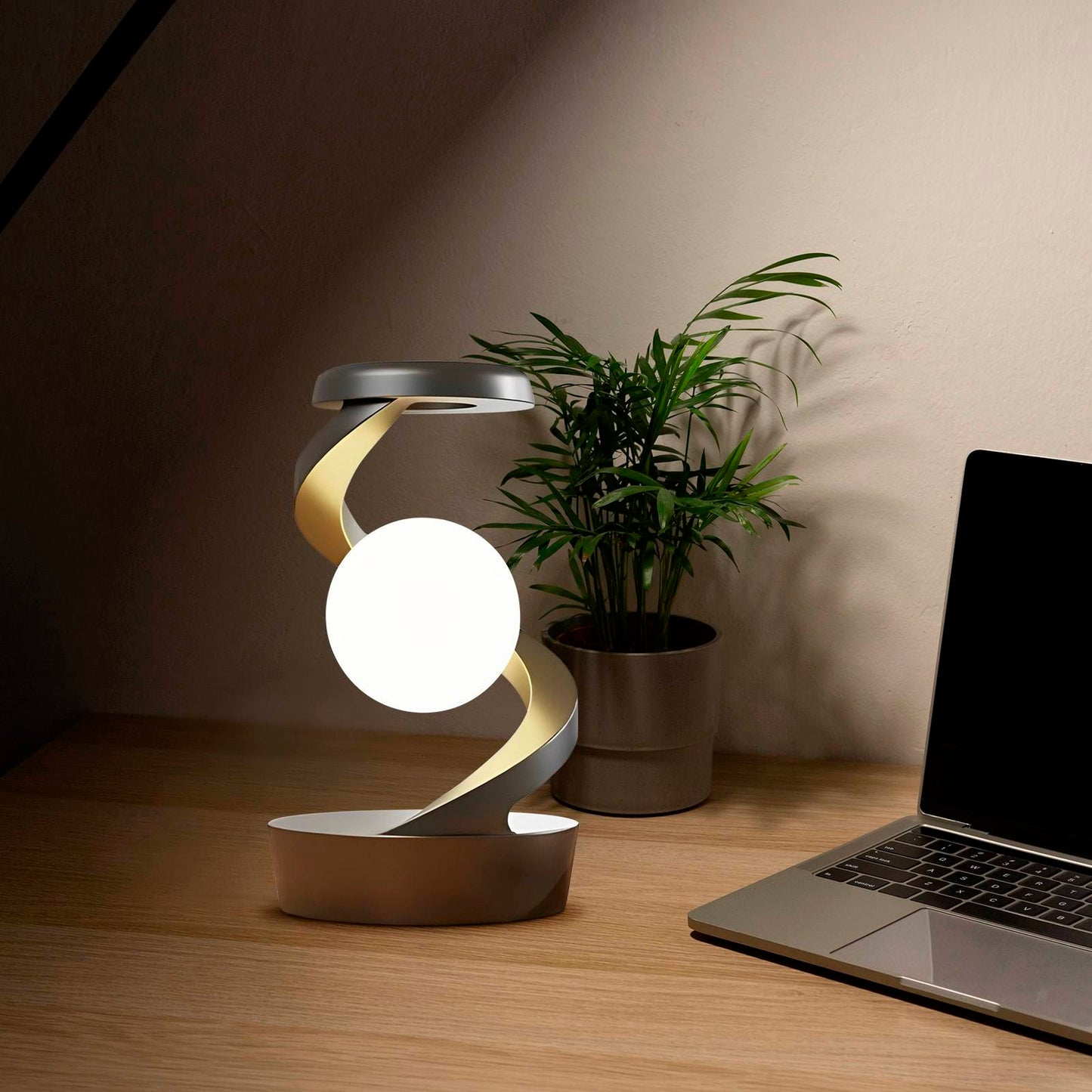 Rotating Moon Desk Lamp | 3W | Wave Control | Stepless Dimming | 15W Wireless Charging | 217mm | Gray & White