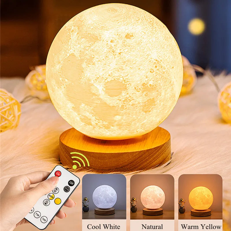 3D Rotating Moon Lamp | PLA + Oak Base | Remote & Touch Control | 3 Colour Modes | 360° Rotation | USB | 12cm, 15cm & 18cm | Home, Bedroom & Gift