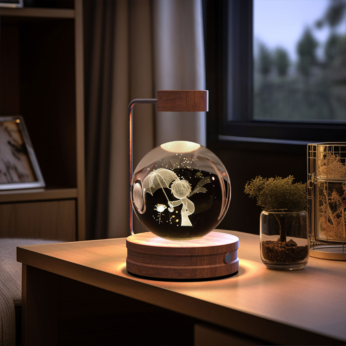 3D Crystal Glass LED Night Light | Touch Switch | USB Rechargeable | Walnut Wood Base | 27 Designs | Dark & Light Wood | Bedroom, Gift & Home Decor