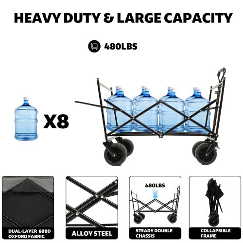 480 lbs Collapsible Wagon with Canopy & Mosquito Net | 7" All-Terrain Wheels, Foldable, Camping & Garden